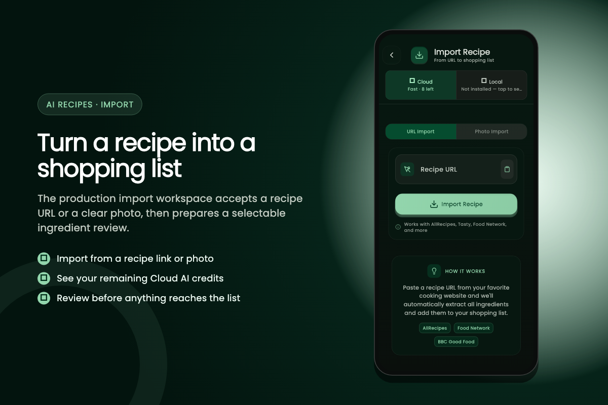 ListAIse recipe import screen with URL and photo options