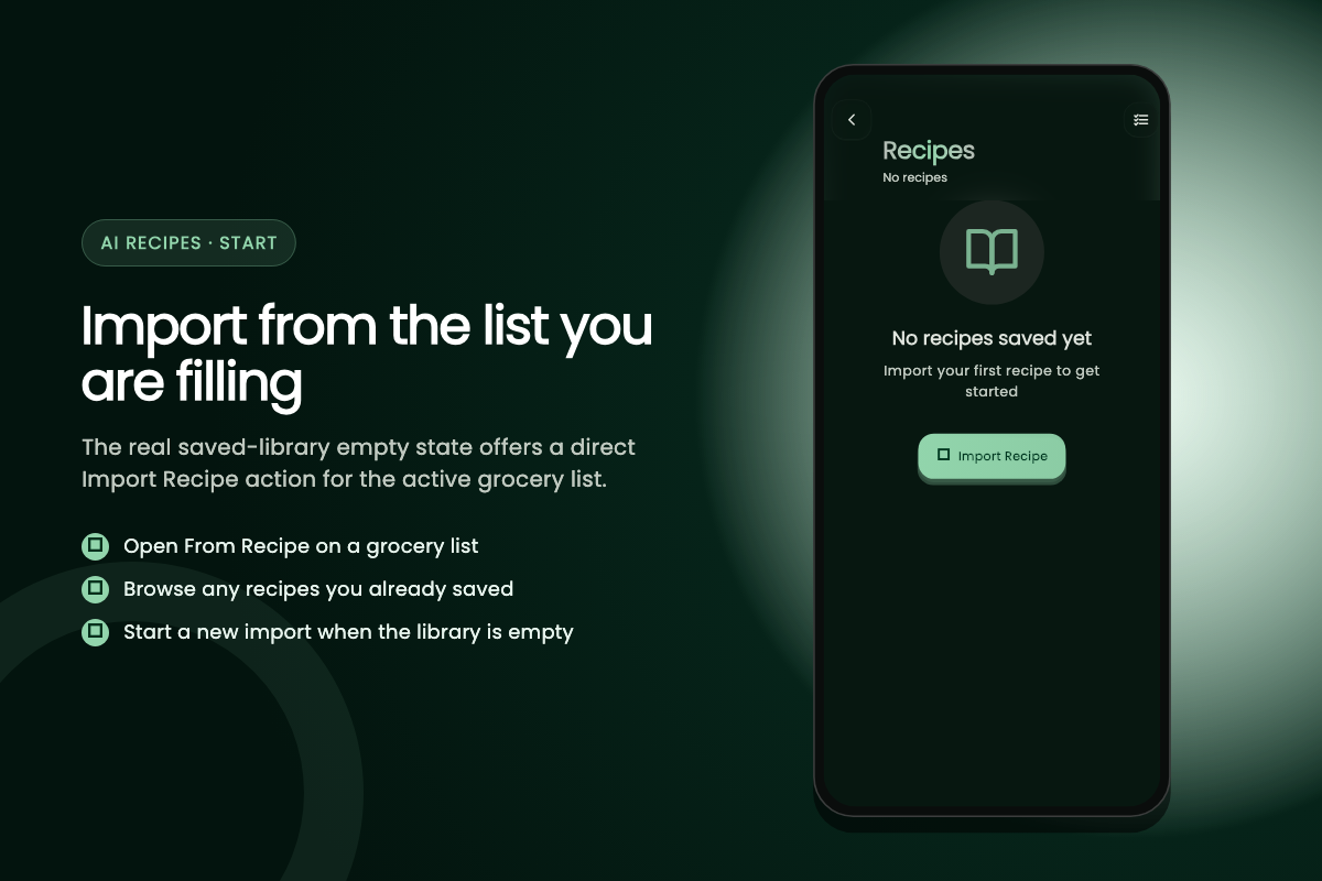 ListAIse Recipes screen showing an empty library and its Import Recipe action