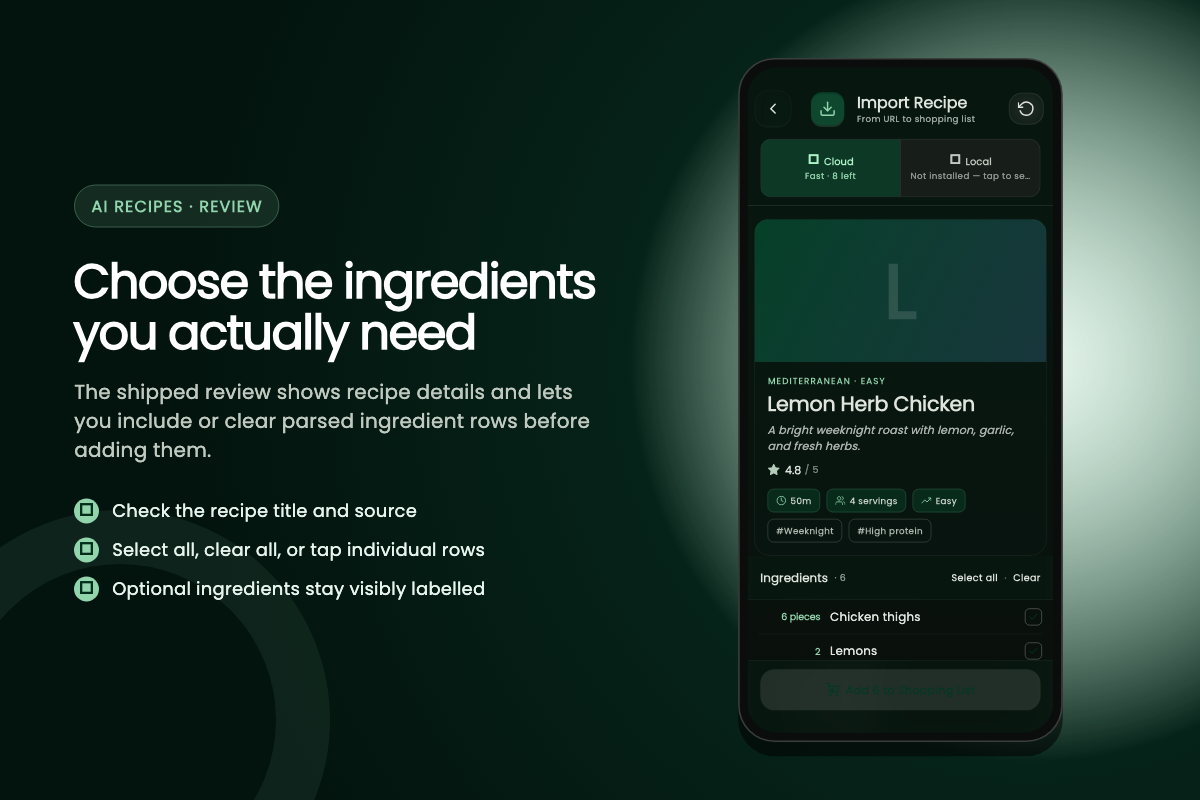 Recipe review screen with selectable ingredient rows