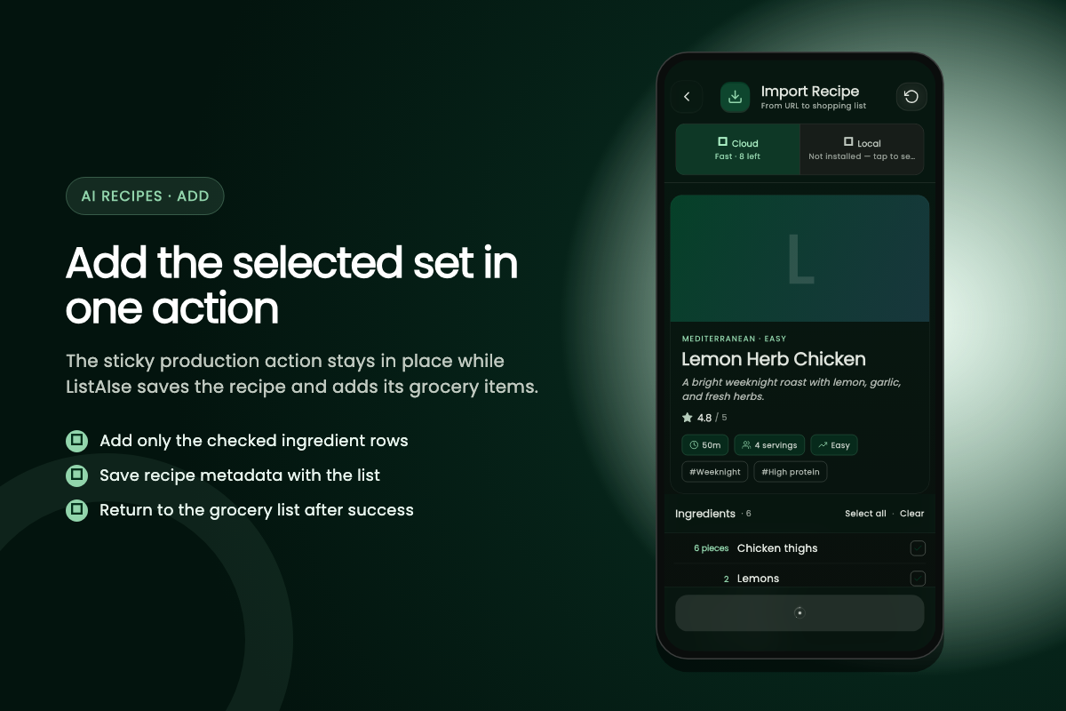 Recipe import screen adding selected ingredients to the active grocery list