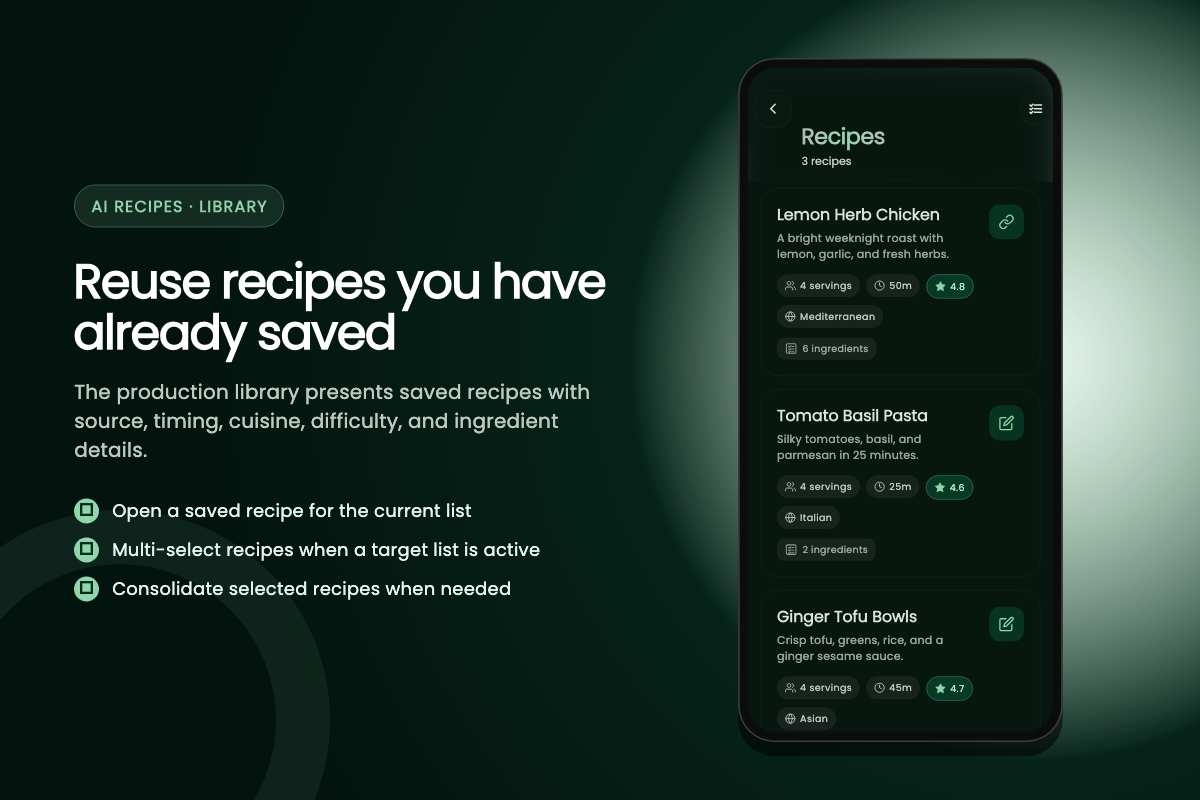 Saved recipe library showing recipe cards with timing and ingredient details