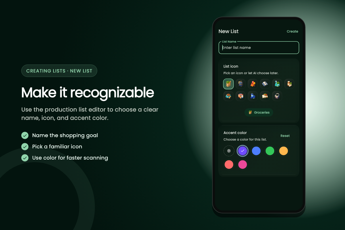 List creation screen with name, icon, and accent color options