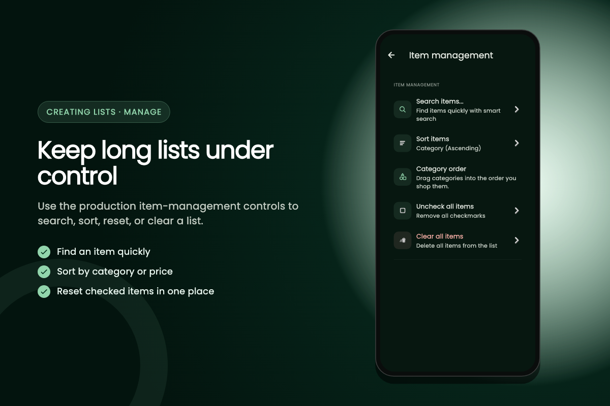 Item management controls for search, sorting, resetting, and clearing a list