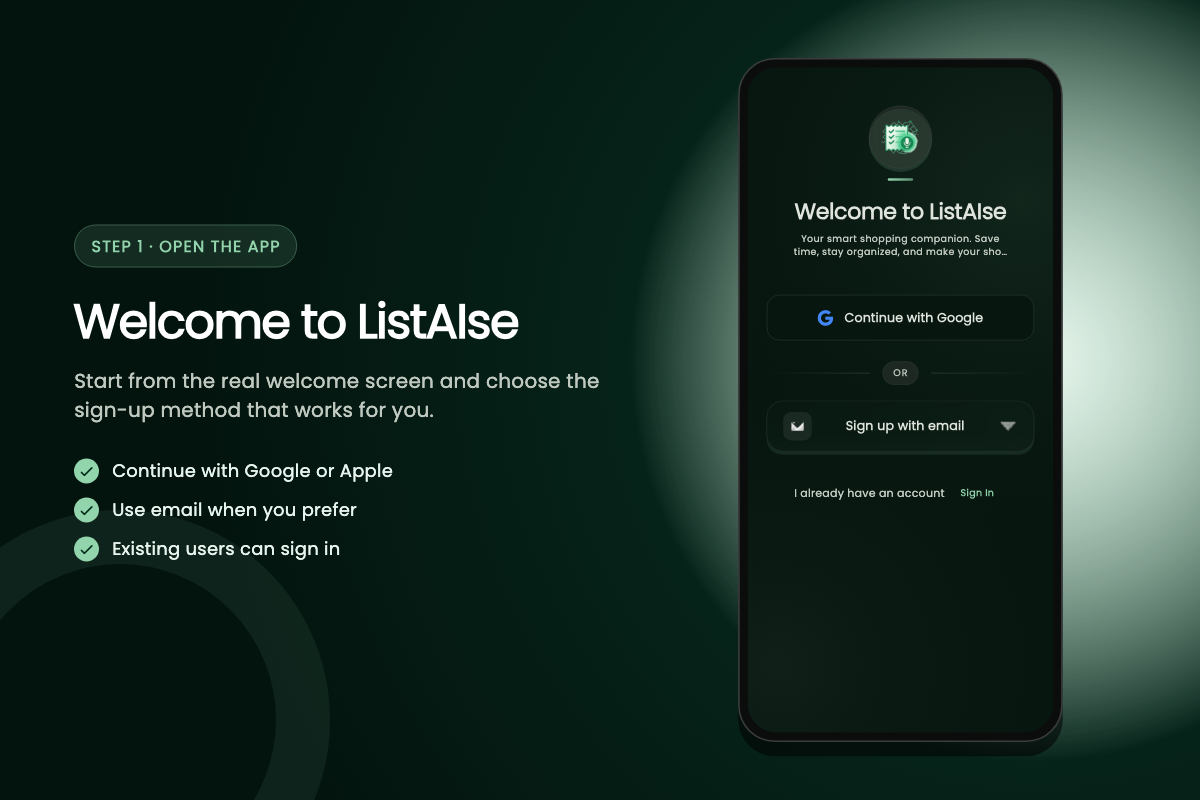 ListAIse welcome screen with animated onboarding graphics