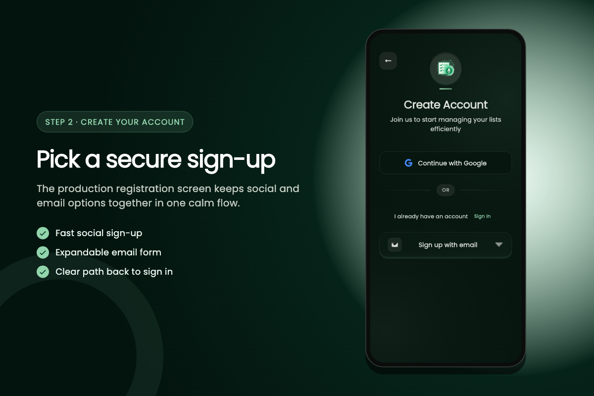 Account creation screen showing email, Google, and Apple sign-in options