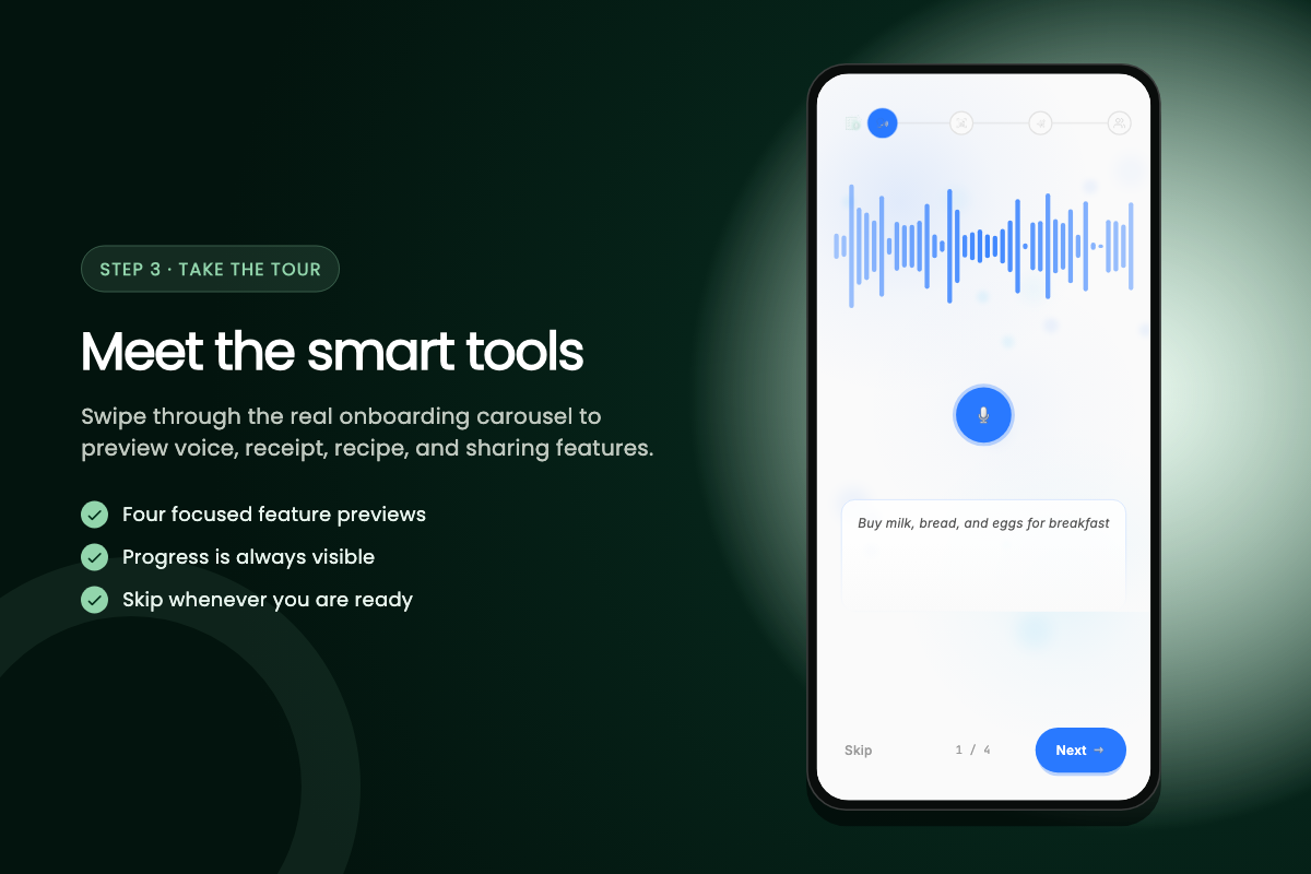 Onboarding tour screens showing key features with swipeable slides