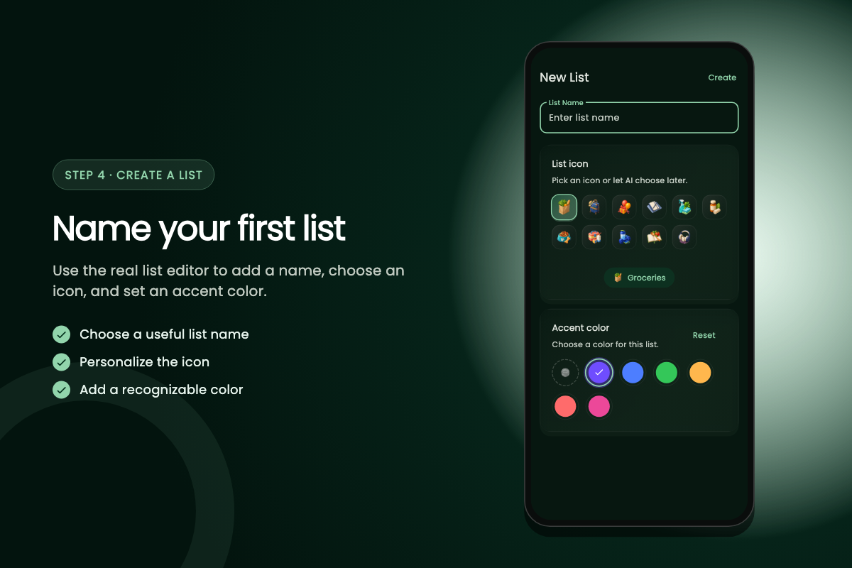 Create list dialog with name input, budget setting, and store selection