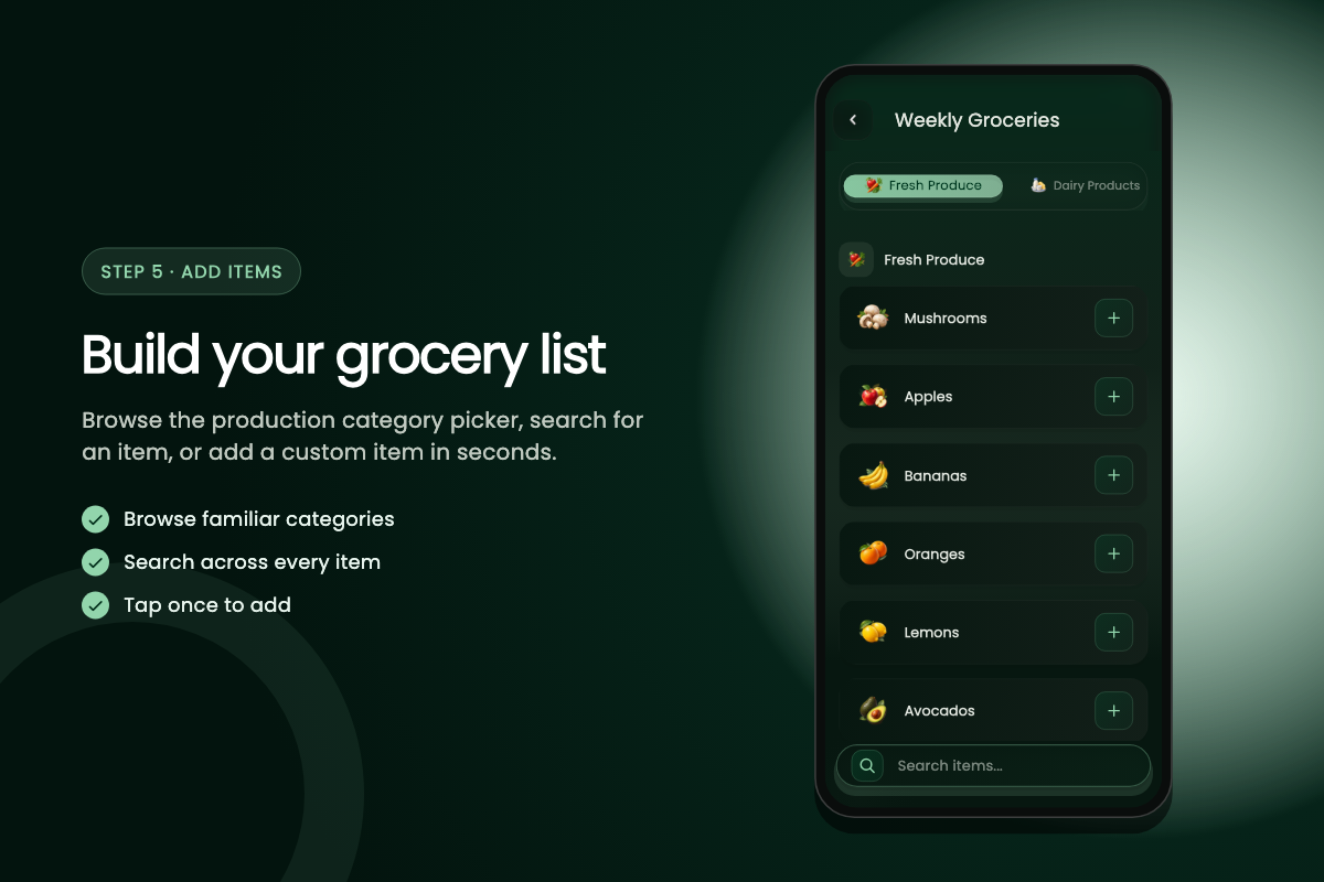 Add item screen showing name input, category selection, and optional fields