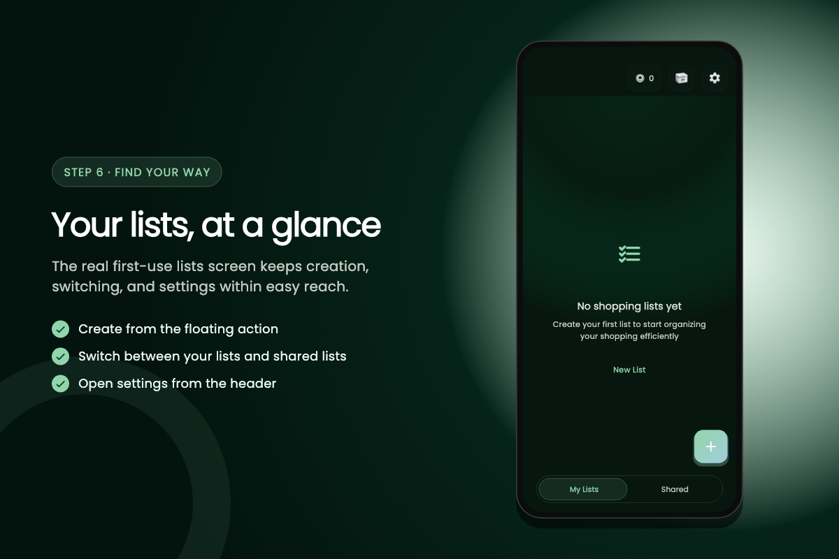 ListAIse main interface showing bottom navigation, floating action button, and list views