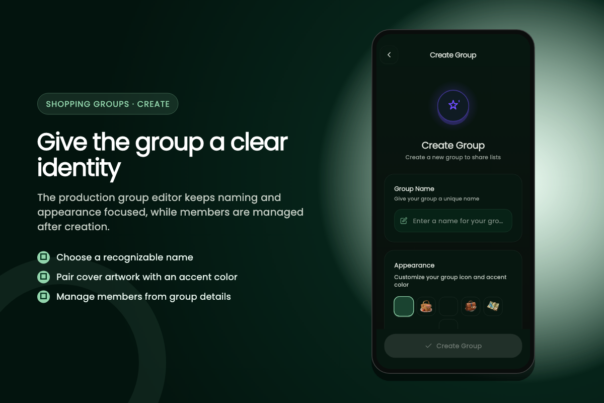 ListAIse private-group creation form with name, icon, and accent-color controls