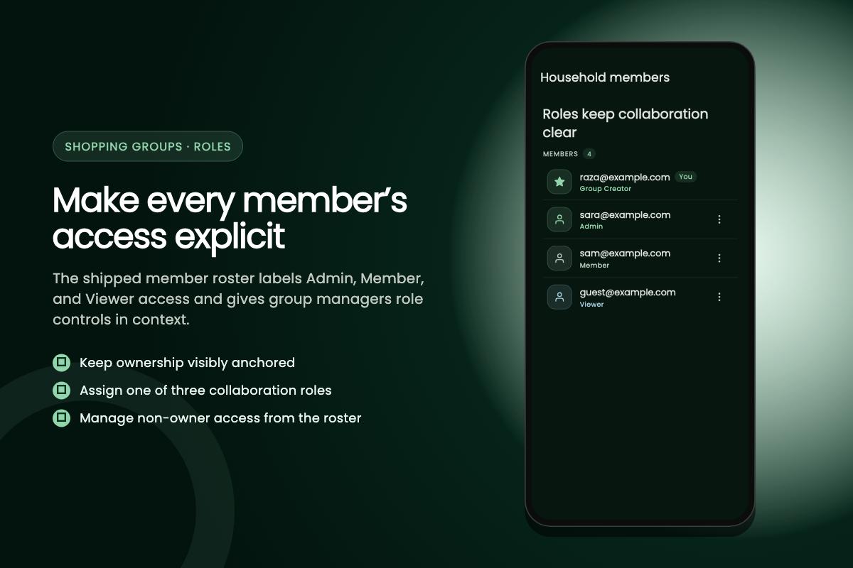 ListAIse group member roster labeled with Admin, Member, and Viewer roles
