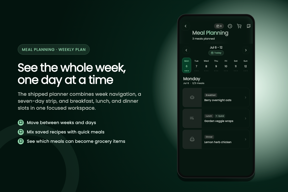Meal planning calendar showing a week view with day selector strip and meal slots