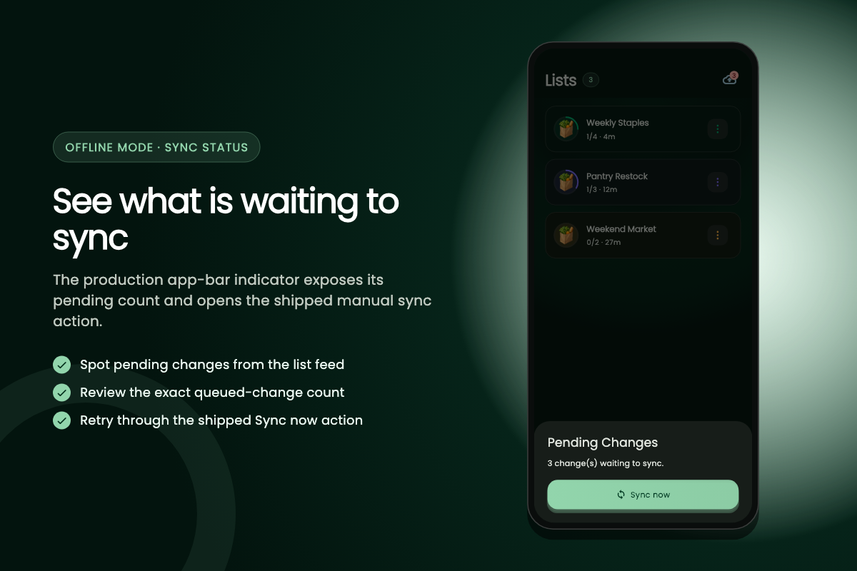 ListAIse Pending Changes sheet showing three queued changes and a Sync now action