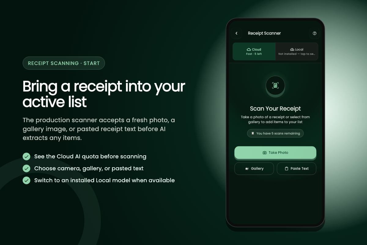 ListAIse receipt scanner with Cloud and Local AI choices plus photo, gallery, and pasted-text inputs