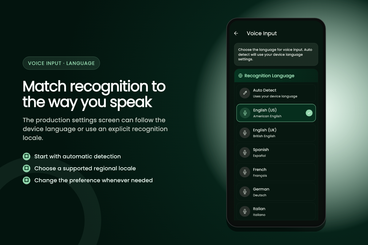 Voice Input settings screen with recognition language options