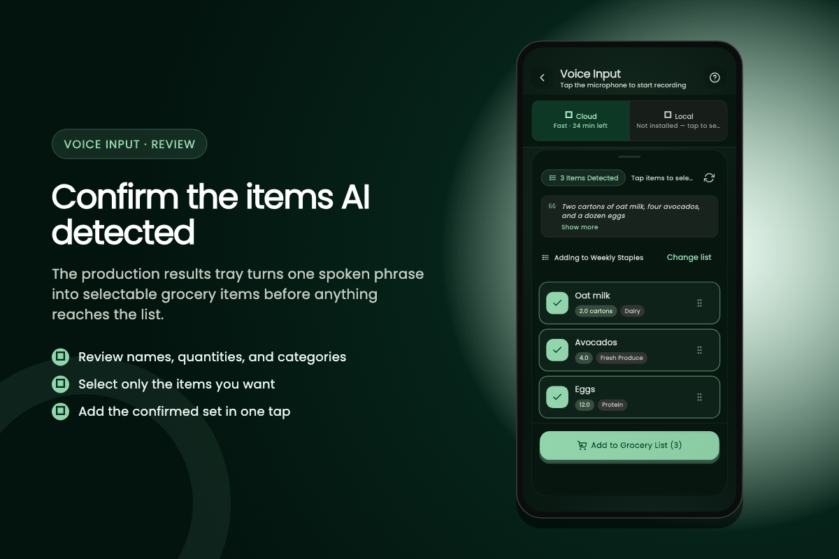 Voice transcription review showing selected grocery items
