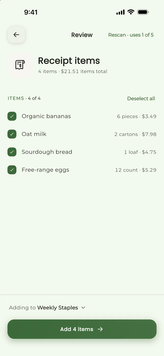 ListAIse receipt review: four detected items with quantities and prices, each ready to approve