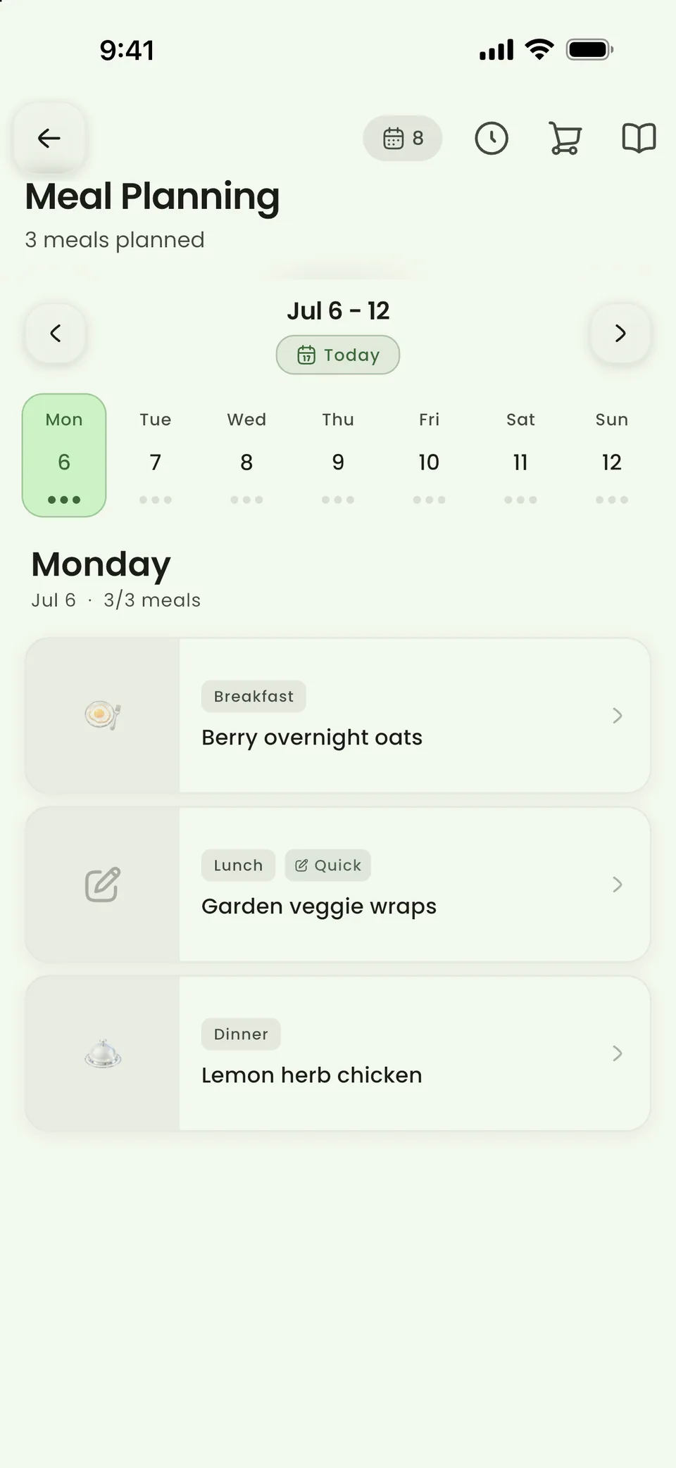 The ListAIse meal planner with breakfast, lunch, and dinner planned for Monday