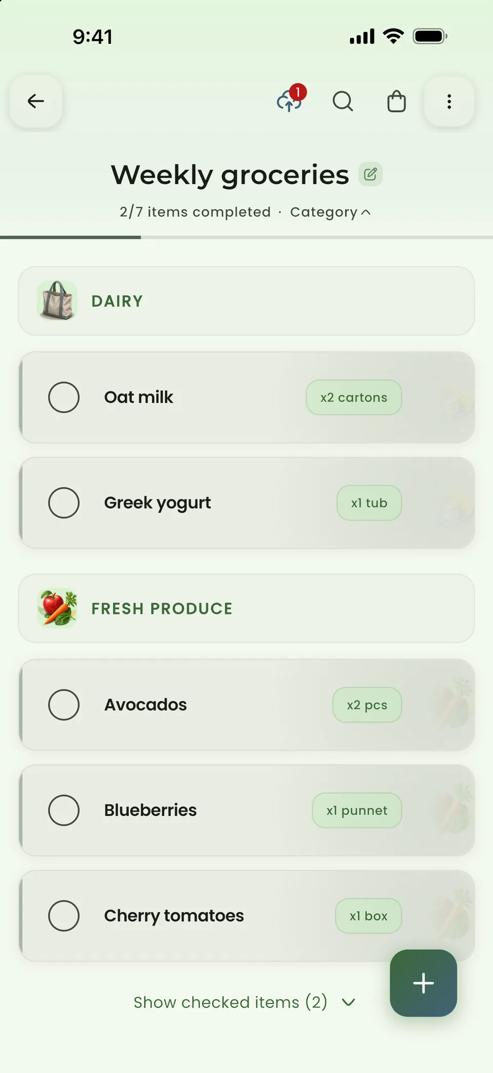 A saved grocery list with one pending change indicated in the toolbar